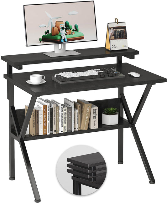 COTUBLR Small Desk, 27.5 Inch Small Computer Desk for Small Spaces, Computer Desk with Adjustable Monitor Stand, Compact Desk with Storage, Tiny Desk Study Desk for Bedroom Home Office, Black