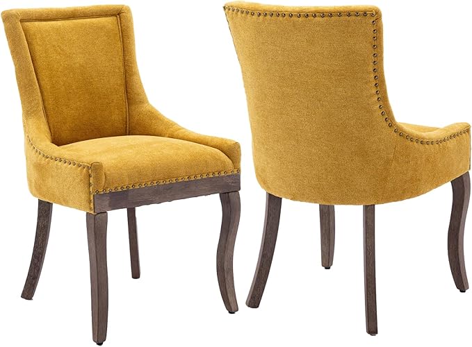 Modern Dining Chairs Set of 2, High Back Dining Chairs Side Chairs with Solid Wood Legs, Upholstered Fabric Dining Room Chairs for Dining Room Kitchen, Yellow