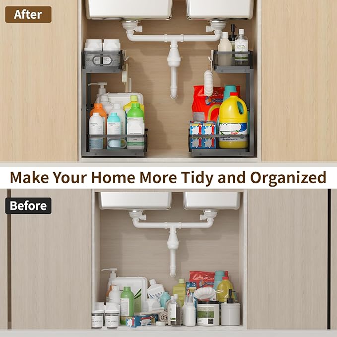 Under Sink Organizer 2 Pack, 2-Tier Slide Out Cabinet Organizer with Metal Sliding Drawer and Hooks, Pull Out Storage Baskets for Kitchen Bathroom Pantry Cabinet Organization (black)