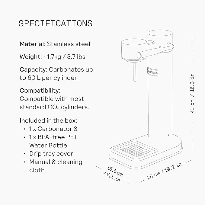 Aarke Carbonator lll with CO2 Cylinder, Sparkling & Carbonation Water Machine, Stainless Steel with PET BPA-Free Reusable Bottle Volume 1L/34 fl oz (Matte Black)