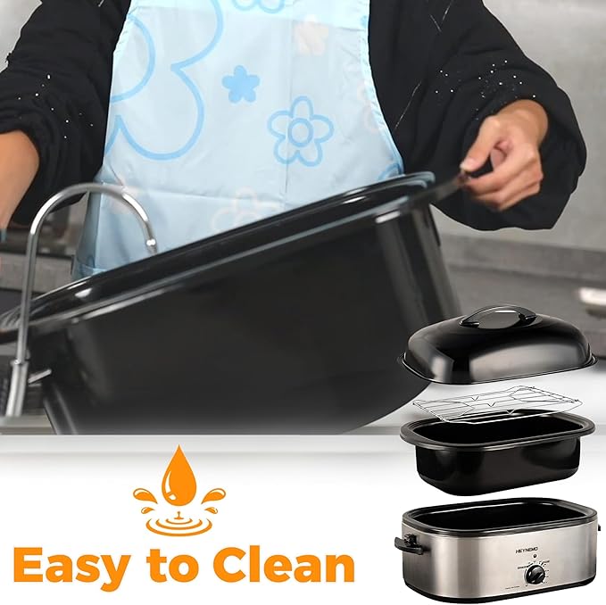 22 Quart Electric Roaster Oven with Visible & Self-Basting Lid, Large Turkey Roaster with Defrost Warm Function, Adjustable Temperature, Removable Pan Rack, Stainless Steel