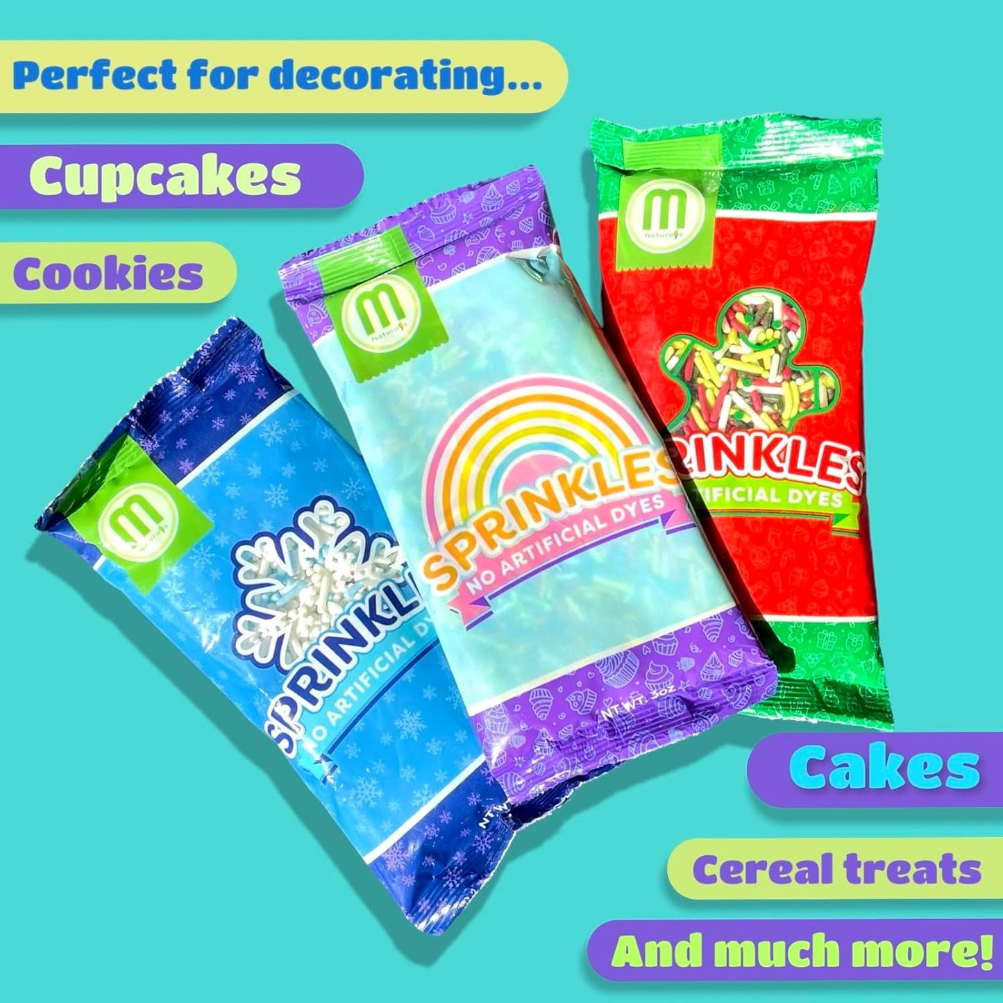 Manvscakes, Natural Christmas Sprinkles, No Artificial Dyes, Gluten Free, Holiday Cookies, Edible, Christmas Cake Decorations, 3 ounces, Nut Free, Baking