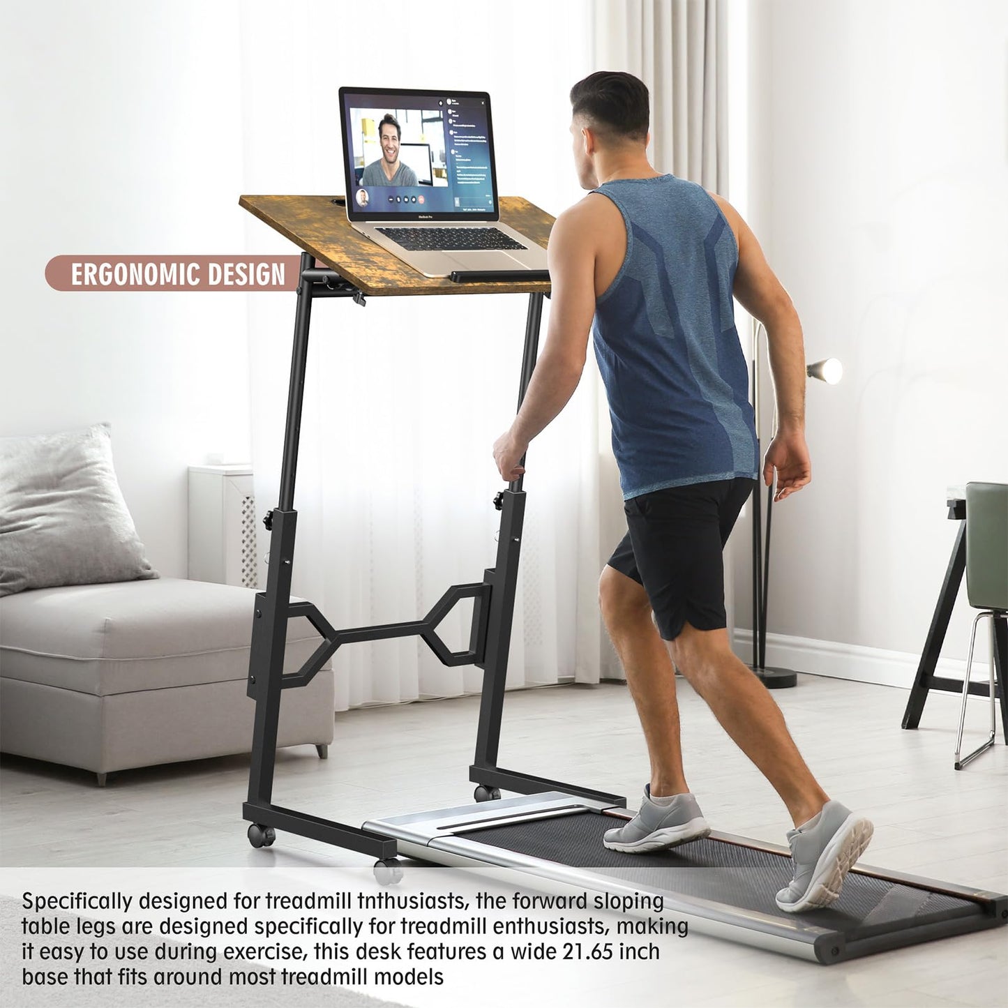 Enayplon Small Standing Desk with Wheels, Portable Treadmill Desk, Rolling Desk Adjustable Height for Laptop, Mobile Standing Table for Walking Pad, Bedside Table