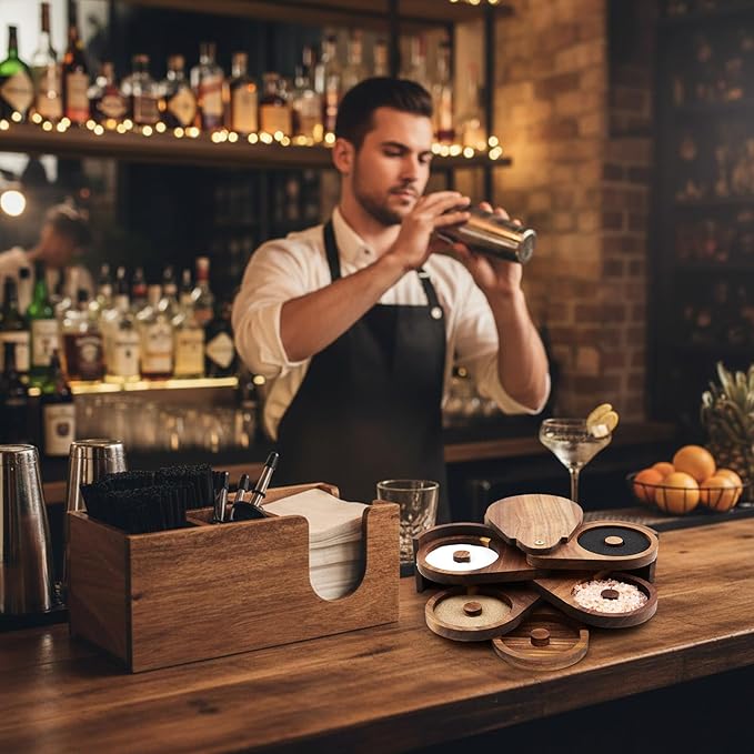 Mifoci Acacia Wood 5 Tier Bar Glass Rimmer Bartender Tool with 12 Pcs Stainless Steel Classic Bottle Pourers, Bar Caddy with 6 Compartment, 1000 Pcs Coffee Cocktail Stirrers, 200 Napkins