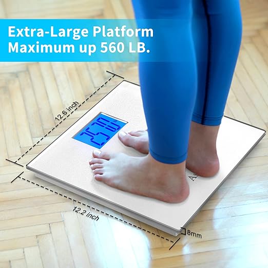 Bathroom Scale 560lbs High Capacity Scale for Body Weight Extra Large Platform Backlit Display Digital Scales with Tape Measure & Battery(Silver)
