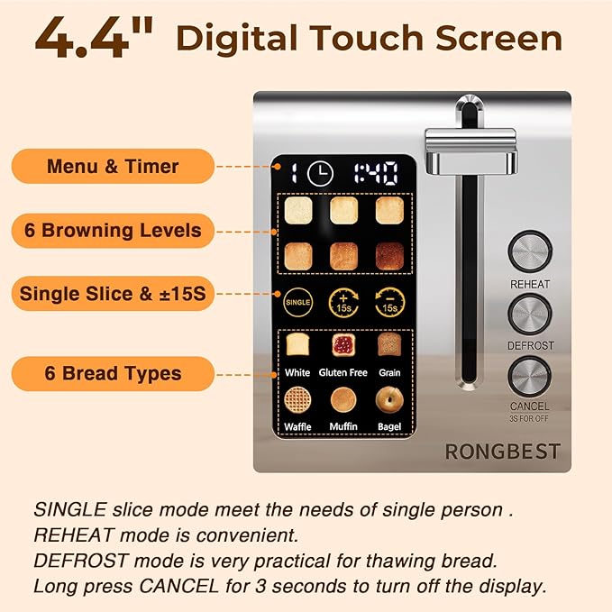 2 Slice Touch Screen Toaster with Wide Slots Stainless Steel Toasters Even Toasting for Bagels & Bread, Reheat & Defrost, Easy Removable Crumb Tray, Silver
