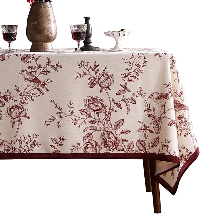 ISAENNE Designer Vintage Linen Small Square Tablecloth,Red Floral Pattern Linen Stain Resistant Table Cloth,Decor Tablecloths for Dining Thanksgiving Kitchen Tea Party,55"*55"-Harmony