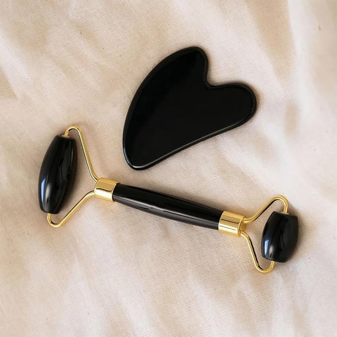 ROSELYNBOUTIQUE Gua Sha Facial Tools & Face Roller for Wrinkless Natural Skincare Tool Jade Roller Guasha Tool for Face Facial Massager (Black Obsidian)