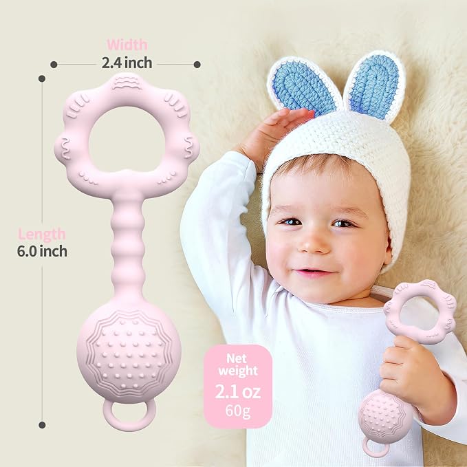 Teething Toys for Babies 6-12 Months, Baby Rattles 0-6 Months, 2-in-1 Rattle and Teether Toy for Soothing Sore Gums and Keeps Little Ones Entertained, Food Grade Silicone, Pink