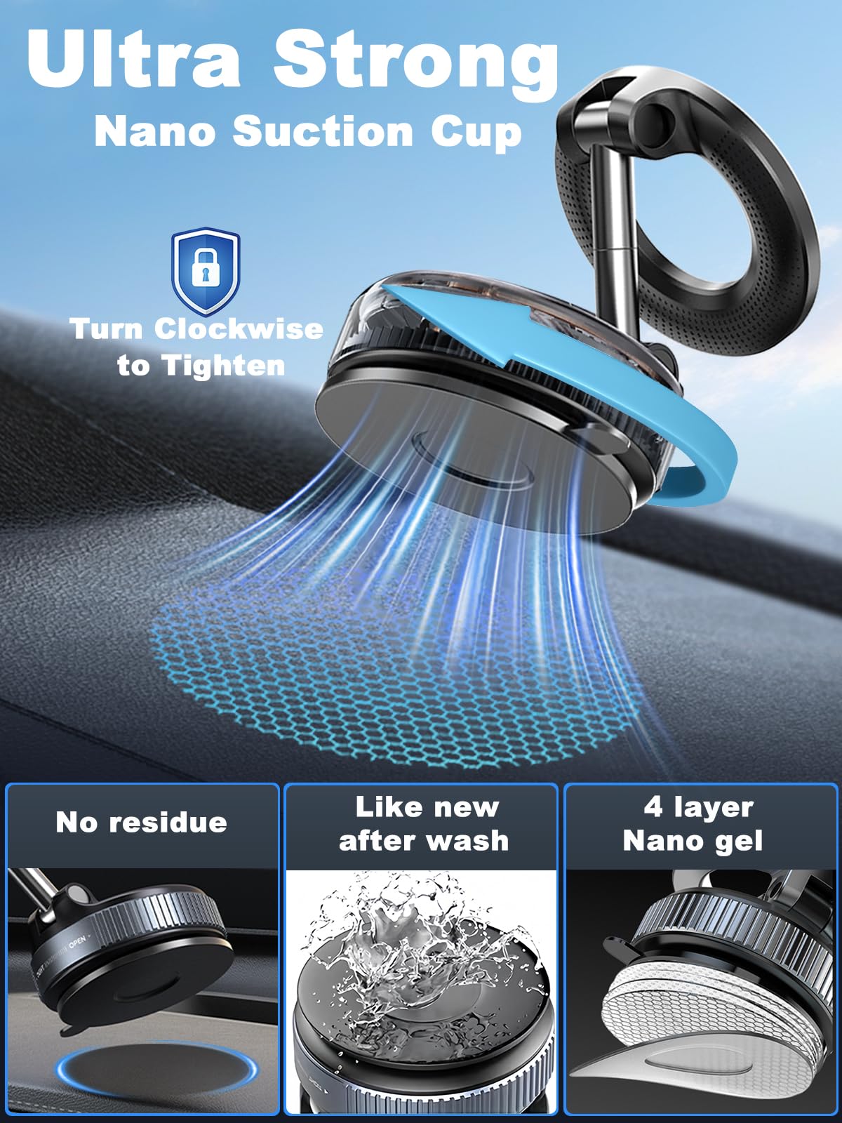 Upgraded 360° Nano Gel Vacuum Magnetic Phone Holder, Car Phone Holder for Magsafe[108+LBS Strongest Suction & 3000gf Strongest Magnetic], Suction Cup Phone Mount for Car/for iPhone 16 Pro Max