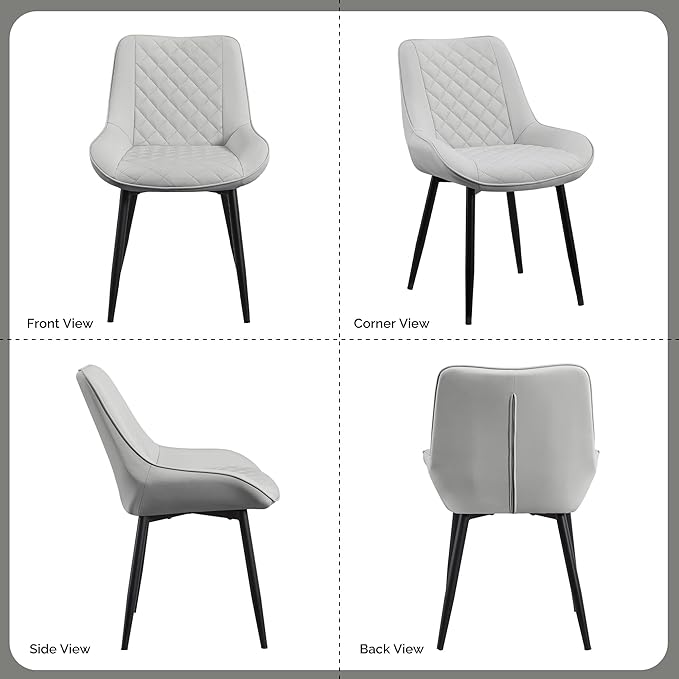 Dining Chair Set of 2, Modern Dining Chairs with Thick Cushions, Faux Leather Upholstered Kitchen Dining Room Chairs with Metal Adjustable Legs for Dining Living Room, Light Grey
