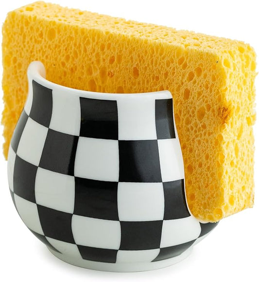 Checkered Sponge Holder for Kitchen Sink, Ceramic Dish Sponge Dish Rack Scrubby Holder Kitchen Organizer Cute Sink Caddy Organizer, Farmhouse Decor, Black and White