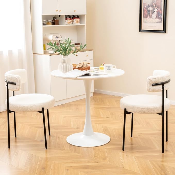 Giantex Boucle Dining Chairs Set of 2, Upholstered Round Kitchen Chair with Curved Backrest & Metal Legs, Modern Armless Side Chair, White Sherpa Accent Chairs for Dining Room
