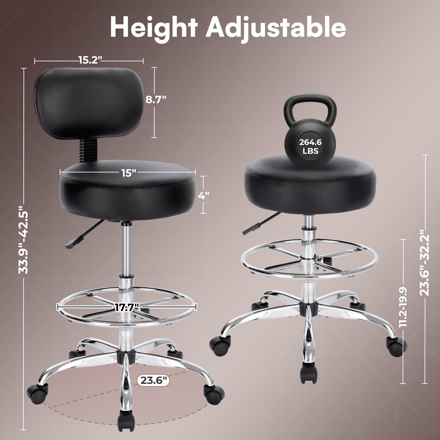 SUPERJARE Drafting Chair with Back, Adjustable Foot Rest Rolling Stool, Multi-Purpose Office Desk Chair, Thick Seat Cushion for Home Bar Kitchen Shop - Black