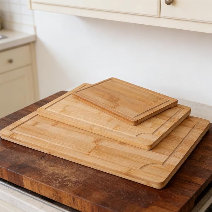 Chopping Boards,3PCS Natural Wood Cutting with Juice Grooves Inner Handles Multi Purpose Kitchen Prep Boards