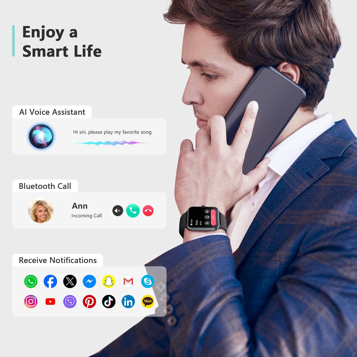 Blackview 2025 Smart Watch (Answer/Make Calls), Fitness Watch for Men and Women with Heart Rate/SpO2/Sleep Monitor/2 Straps, 100+ Sports Modes, IP68 Waterproof Activity Tracker for Android/iPhone