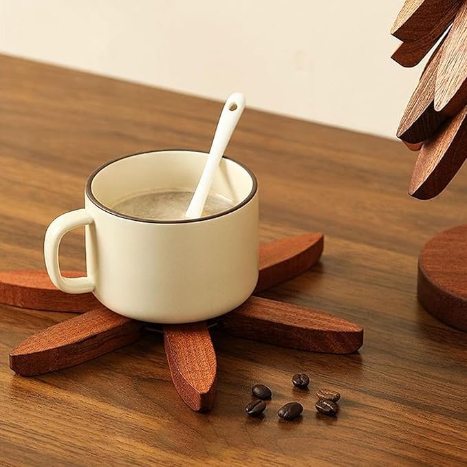 Natural Wood Tree Trivet Set, 𝐍atural Tree Trivet Set - 4 Wooden Trivets,4 Wooden 𝐓rivets & 1 Stand Like a Christmas Trees,for Hot Dish,Pot,Bowl,Teapot,Hot Pot Sets (Walnut Finish 5 Trivets,1set)