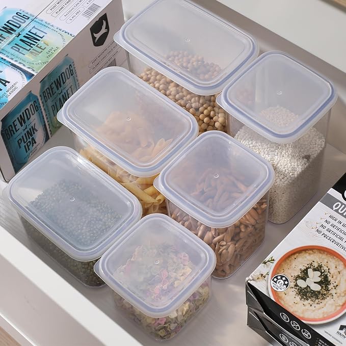 novelinks Clear Plastic Jars with Lids, Reusable Empty Square Storage Containers for Household and Kitchen Organizing (12 Pack Medium)