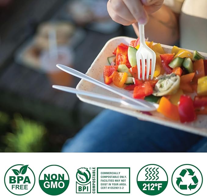 100%Compostable No Plastic Knives Disposable Forks Spoons Plastic Utensils, The Heavyweight Heavy Duty Flatware is Eco Friendly Products for Lounge Party Wedding BBQ Picnic Camping [150 Count]