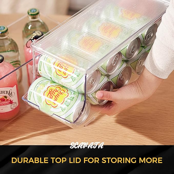 SCAVATA Soda Can Organizer for Refrigerator, Stackable Canned Food Pop Cans Container Can Holder Dispenser with Lid for Fridge Rack Freezer, Clear Storage Bins-Holds 12 Cans Each (One)
