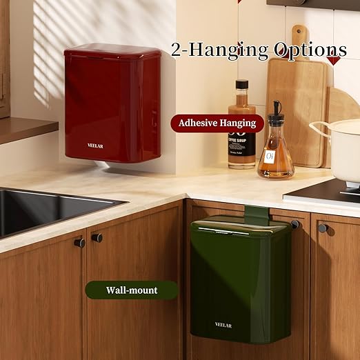 Hanging Stainless Steel Trash Can, 1.6 Gallon /6L Small Compost Bin for Kitchen Cabinet, Bathroom and Office (Red)