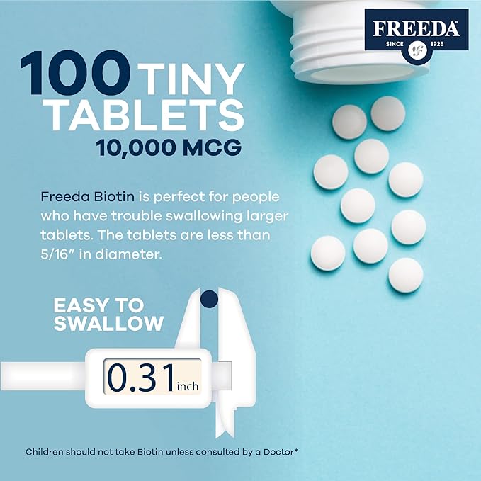FREEDA Biotin 10,000 mcg – Kosher Hair, Skin & Nails Supplement – High-Potency B7 for Hair Growth & Strong Nails – Vegan Tablets with D-Biotin – 100 Tiny Tablet