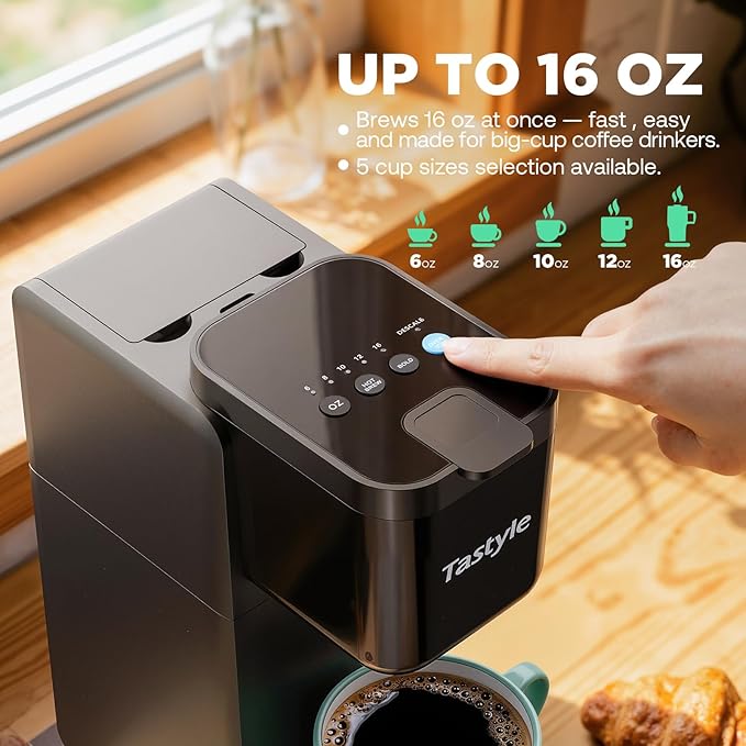 Tastyle Single Serve Coffee Maker Hot and Iced with Bold Brew, Small Coffee Machine for K Cup and Ground, Fits 7.3'' Travel Mug, Brews up to 16 Oz, 5 Cup Sizes, for Office, RV& Hotel, Elegant Black