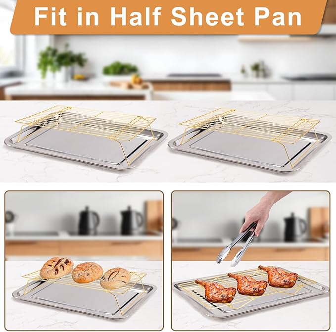 Cooling Rack for Baking 3 Tiers, 16" x 10" Cookie Cooling Wire Rack Stackable Collapsible Nonstick, Stainless Steel Baking Cooking Cooling Racks with Optimum Air Flow, Gold