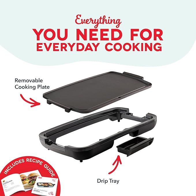 Dash Deluxe Everyday Griddle - Electric Griddle with Removable Plate - Nonstick, Easy-Clean Surface & Anti-Slip Base - Recipe Book Included - Red