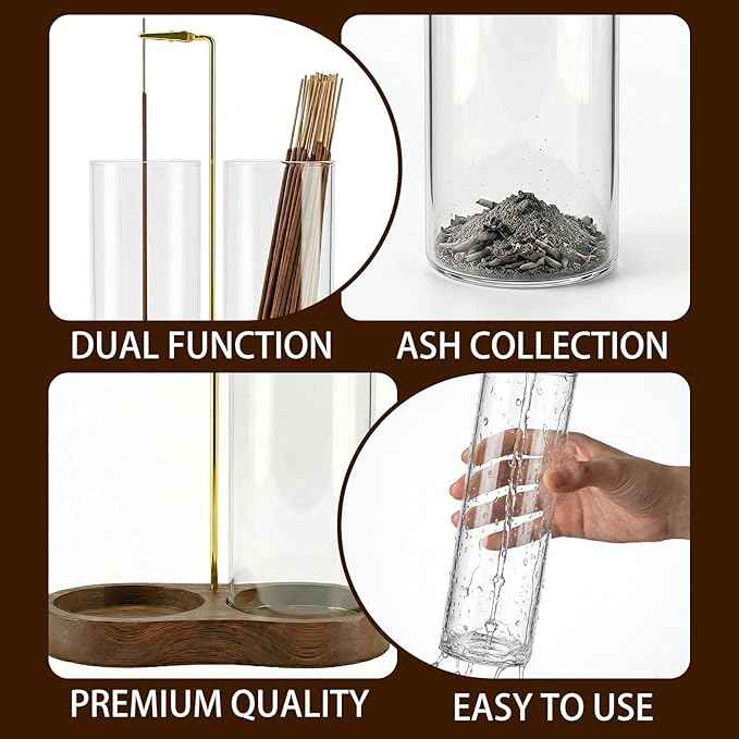 Incense Holder, 2 in 1 Wooden Incense Holder for Sticks with 20 Incense Sticks, Anti-ash Incense Burner with Glass Ash Catcher (2 Glass Ellipse Base)