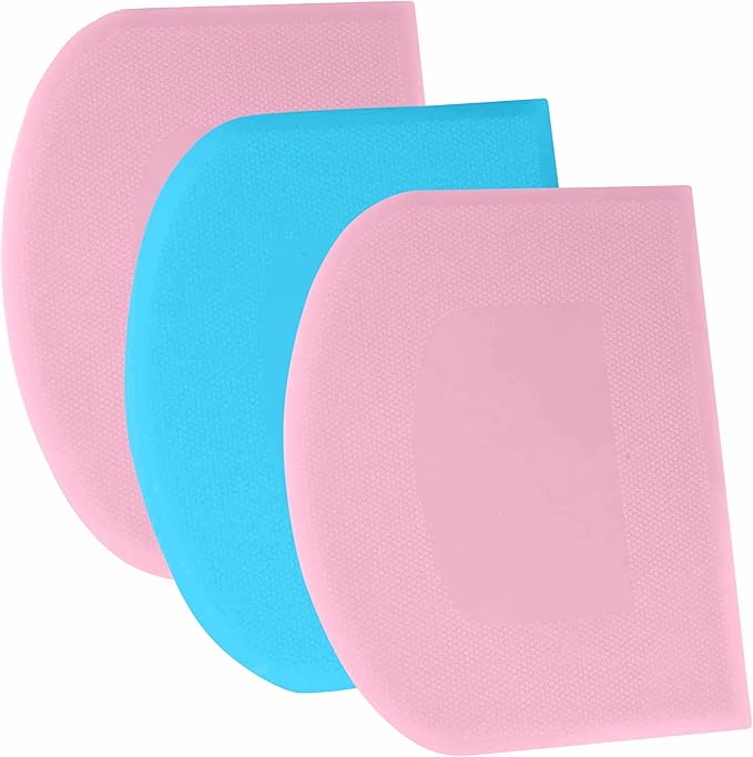 SURDOCA Dough Scraper Bench Scraper - 3P 10.6x6.7" Plastic Flexible Bowl Scraper, Sharp Edge & Angles Cake Scraper. Non-Slip Bakeware Decorating Tools Sculpting & Modeling Tools - Pink+Blue+Pink