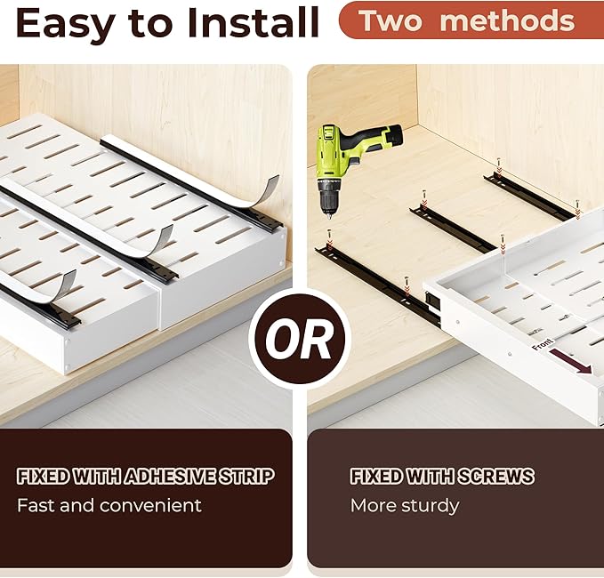 2 Pack Pull Out Cabinet Organizer, Slide Out Drawer Expandable Width (12"-19") and Depth (17"-23") With 3 Slides, Fixed with Adhesive Film or Nail for Cabinets in Kitchen, Pantry or Bathroom