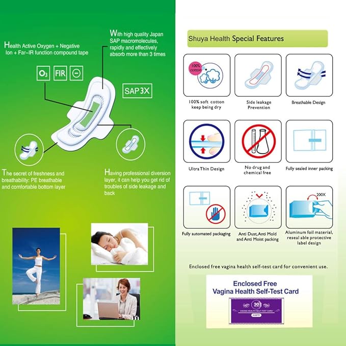 SHUYA Anion Ultral Long Overnight Pads for Woman with Wings,Postpartum Pads After Birth with Patented Negative ion Strip, Super Absorbency, Size 330mm-Scented (Pack of 2, 16)