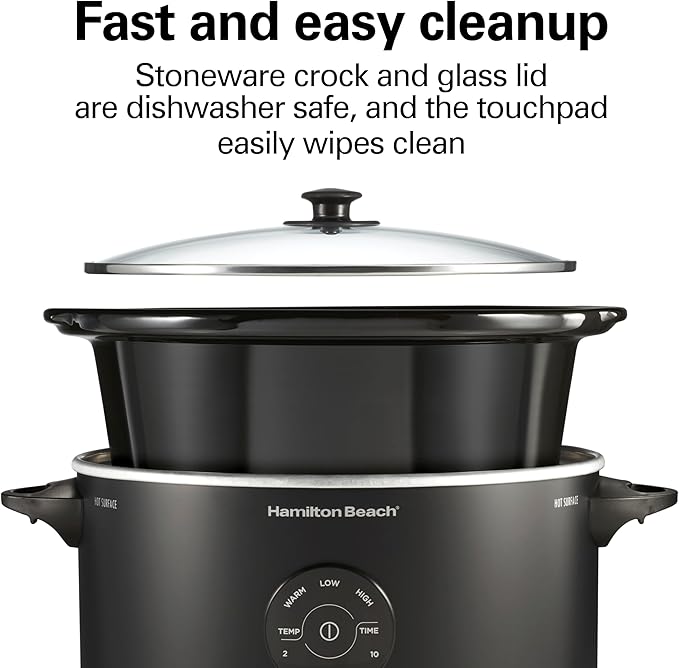 Hamilton Beach 7 Quart Set & Forget Portable Programmable Slow Cooker, 15 Cooking Options With 5 Time and 3 Heat Options, Large Dishwasher Safe Stoneware Crock and Glass, Lid Latch, Black (33670)