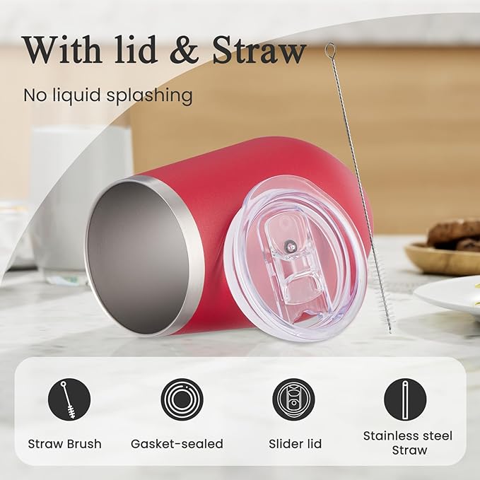 MEWAY Stemless 12oz Insulated Wine Tumbler with Lid and Straw - Double Wall Stainless Steel Thermal Cups for Hot and Cold Drinks, Bridal Shower Prizes for winners(Red,Set of 12)