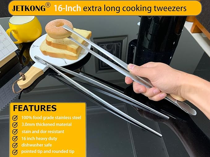 JETKONG 16-Inch Kitchen Tweezers Fine Tweezer Tongs Extra-Long Stainless Steel Cooking Tweezers (Point-Tips)