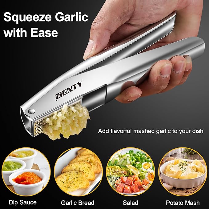 Garlic Press Stainless Steel, Professional Mincer No Need to Peel, Large Trough Presser Ergonomic Handle Easy Squeeze, Ginger Crusher & Masher Dishwasher Safe Rust Proof