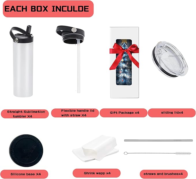 4 Pack 20oz Sublimation Tumblers, Flat Edge Sublimation Tumbler, Skinny Straight Sublimation Tumbler with 2 lids,SS straws,Brush and Individual Box (4, 20OZ HANDLE A)