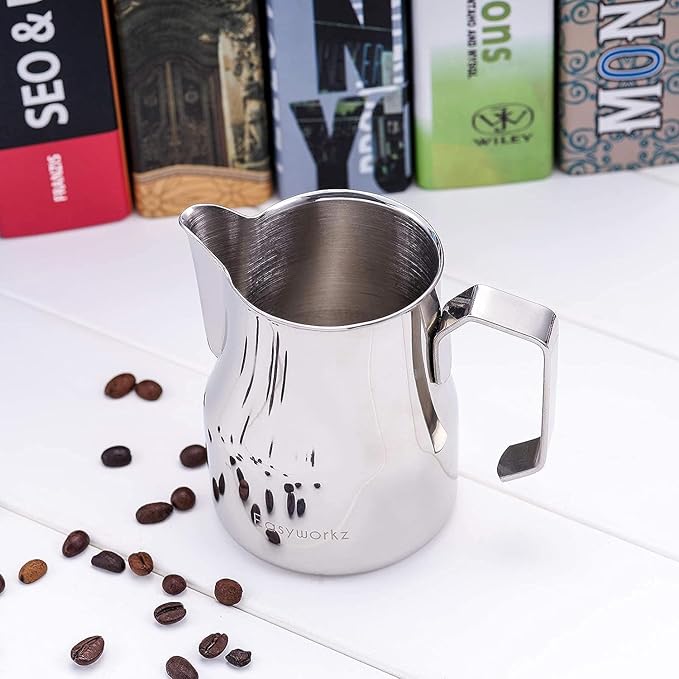 Easyworkz Espresso Steaming Pitcher Stainless Steel 15 oz Latte Art Cup, Bundled with Easyworkz Retro Stainless Steel Coffee Spoon With Black Walnut Handle,10g - Measuring Spoon (Gunmetal)