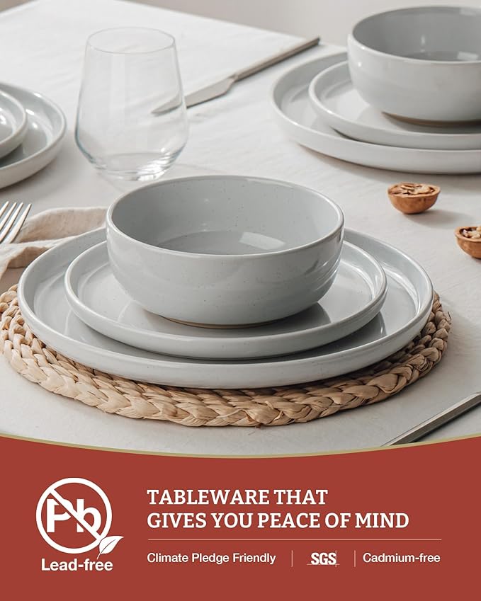 Famiware Milkyway Stoneware Dinnerware Sets with Pasta Bowls, Service for 4 (16 Pieces), Plates and Bowls Sets -Scratch Resistant, Microwave and Dishwasher Safe Dishes Set, Light Gray