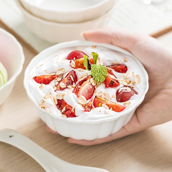 White Porcelain Fruit Bowls, 4.7 Inch Serving Bowls,Ice Cream Bowl, Kitchen Bowl Set, Microwave and Dishwasher Safe, Set of 6
