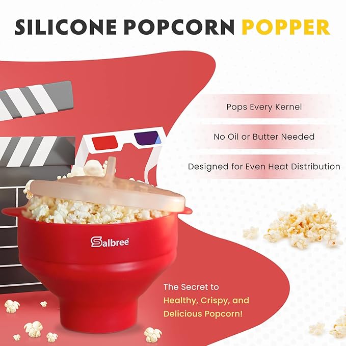 The Original Salbree Collapsible Silicone Microwave Popcorn Popper Maker Machine, Microwavable Bowl Holds 16 Cups, Uses Hot Air and Oil Always Optional - The Most Colors Available (Clear Purple)