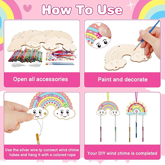 Fennoral 10 Rainbow Wind Chime Craft Kits for Kids Make Your Own Wind Chime Ornament DIY Coloring Wooden Art and Craft for Classroom Art Projects Spring Summer Birthday Decorations