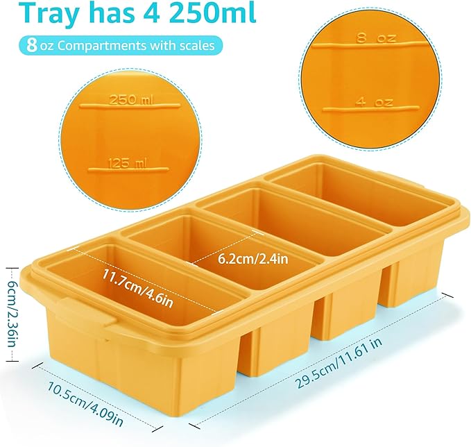 Ztomine Silicone Freezer Tray With Lid - Silicone Freezer Food Molds- Large Ice Cube Tray,Silicone Freezer Container,Freeze & Store Soup, Sauce, Broth,Leftovers - Makes 4 Perfect 1 Cup