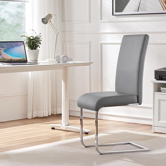 Yaheetech Dining Chairs Set of 2 Modern Faux Leather Upholstered Dining Room Chairs with High Back and Metal Chrome Legs for Kitchen/Living Room/Restaurant, Light Gray