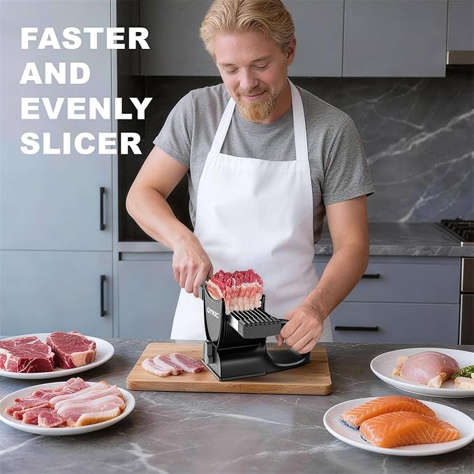 Fresh Meat Slicer with SteadyGrip, Thickness Adjustable 2 or 4 mm, 17 IN 1 Stainless Steel Manual Meat Cutter, Cleaver Kitchen Knife, Jerky Slicer Suit for Chicken Breast Beef Pork (Black)