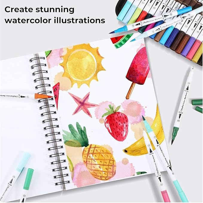 Ohuhu Markers for Adult Coloring Books No Bleeding 160 Colors Water-based Dual Tips Fineliner & Brush Coloring Markers for Kids Adults Beginners Drawing Pens for Journaling Lettering - Maui - White