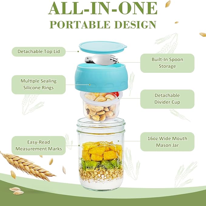 Miuyhji 6 Pack Overnight Oats Containers with Lids and Folding Spoons 16oz, Glass Mason Jars with Divided Compartments, Chia Pudding Jars for Oatmeal Meal Prep