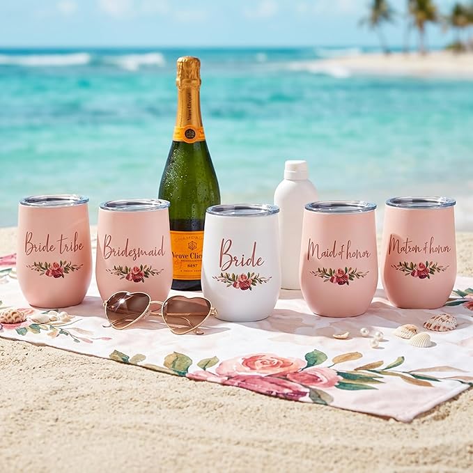 CARAKNOTS Bride Tribe Gifts Bride Tribe Cups Set of 6 Bachelorette Party Gifts Wedding Wine Tumbler for Bridal Shower Engagement Party Favor Cups Pink Stainless Steel Tumbler with Lid and Straw 12 oz