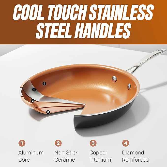 Gotham Steel 12 Pc Ceramic Cookware Set Nonstick, Ceramic Pots and Pans Set Non Stick with Steamer for Cooking, Non Toxic PFOA PFOS Free, Ergonomic Stay Cool Handles, Oven & Dishwasher Safe, Copper